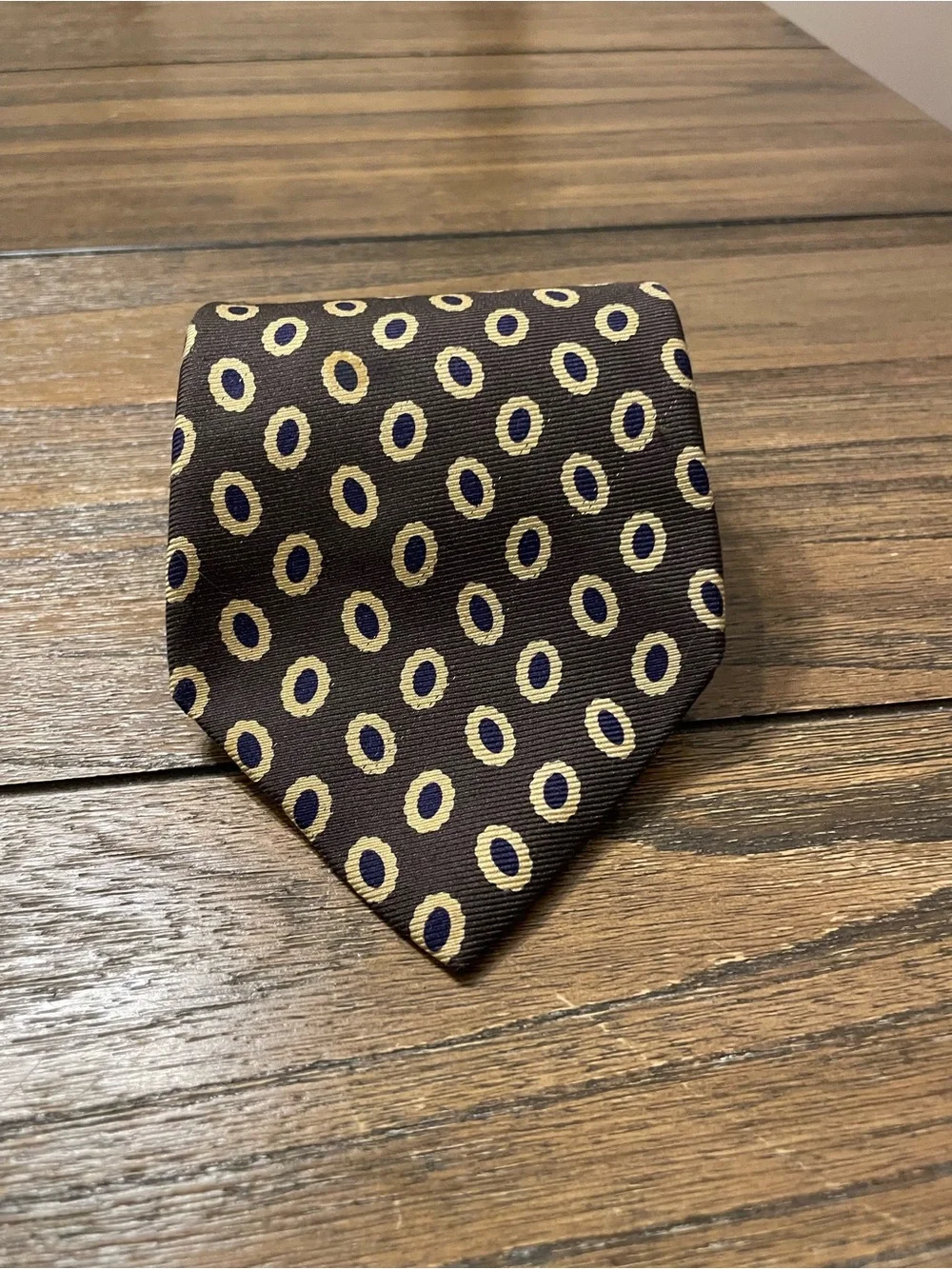 Vintage 90s J.Crew 100% Silk Tie Hand Made in USA Brown Navy Gold Geometric